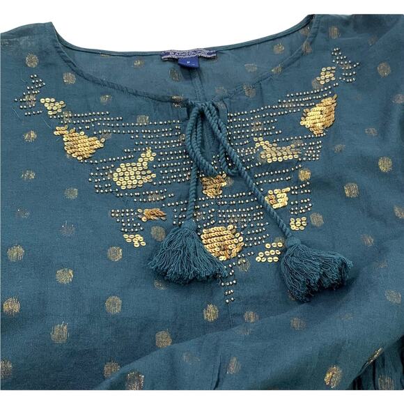 Bandolino Top Womens Medium Boho Blue Gold Polka Dot Blouse Tassel  Smock Waist - Picture 1 of 7